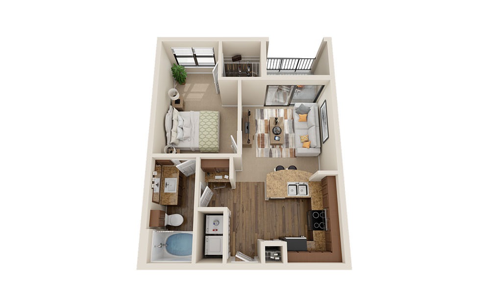 A1 - 1 bedroom floorplan layout with 1 bath and 670 square feet. (3D)