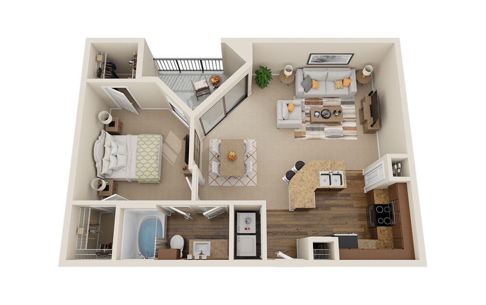 A3 - 1 bedroom floorplan layout with 1 bath and 900 square feet. (3D)